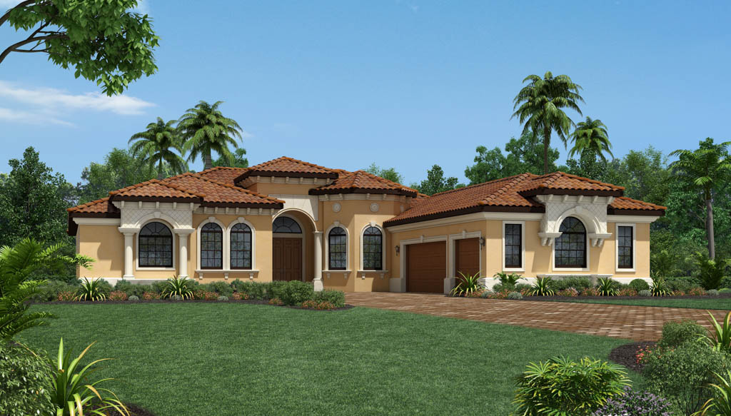 Front view render of home with yellow exterior and brown roof at Arrieta