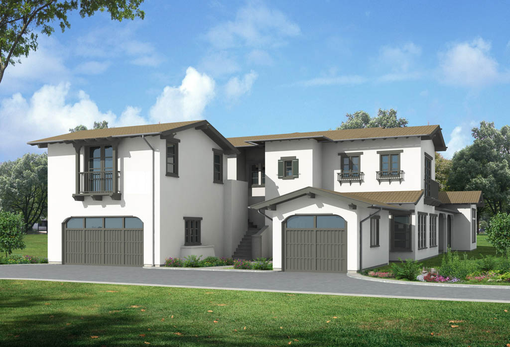 Front view rendering of white home with gray accents at Arrieta