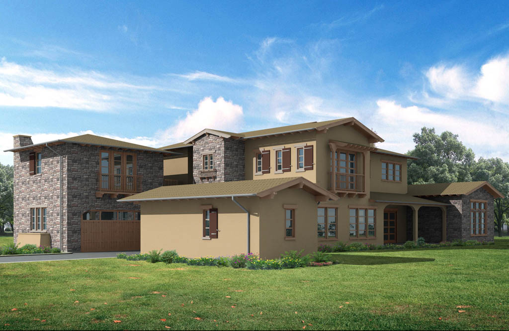 Side view rendering of tan home with brick elements at Arrieta