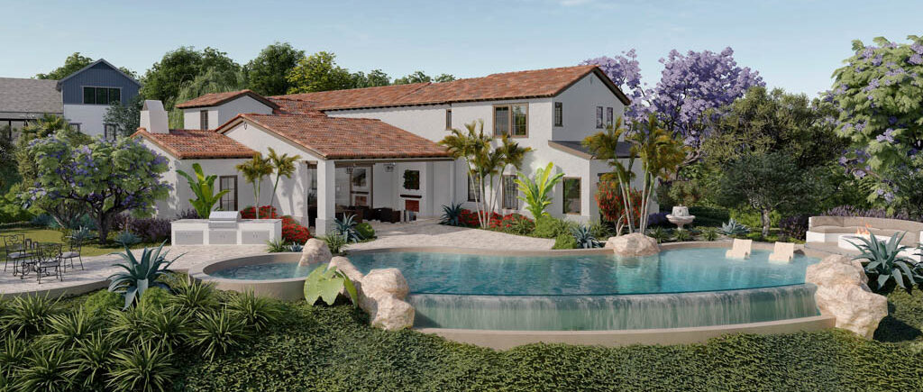 Side view of home at Arrieta with pool and foliage