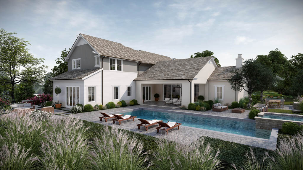 Back view of home at Arrieta with pool and chairs with white and gray accents