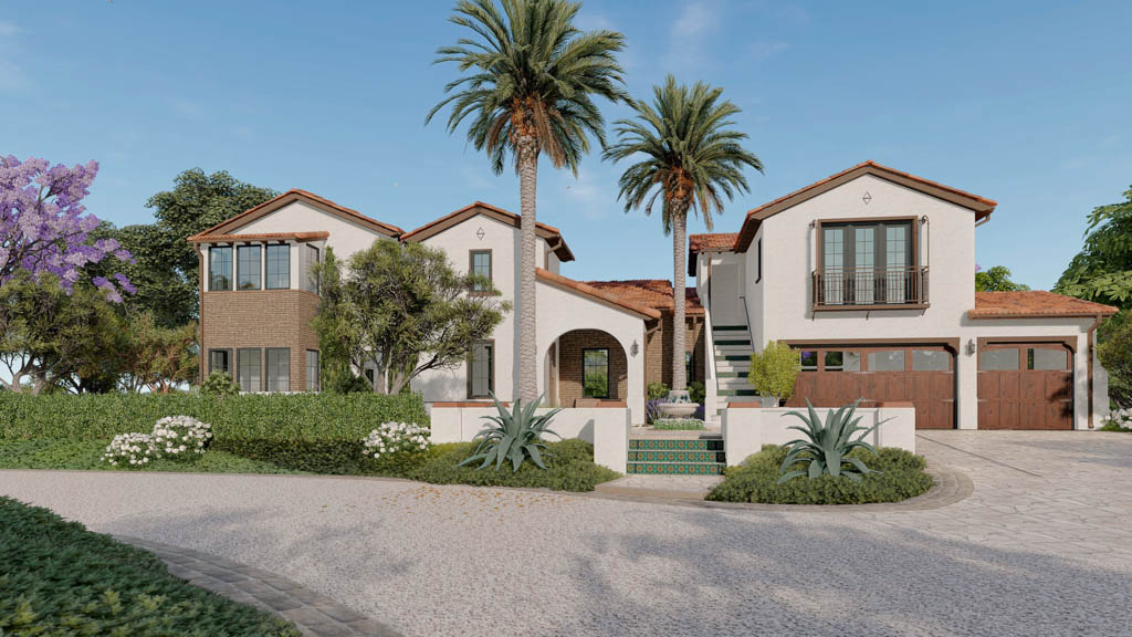 Front view rendering of home at Arrieta option 9 with palm trees