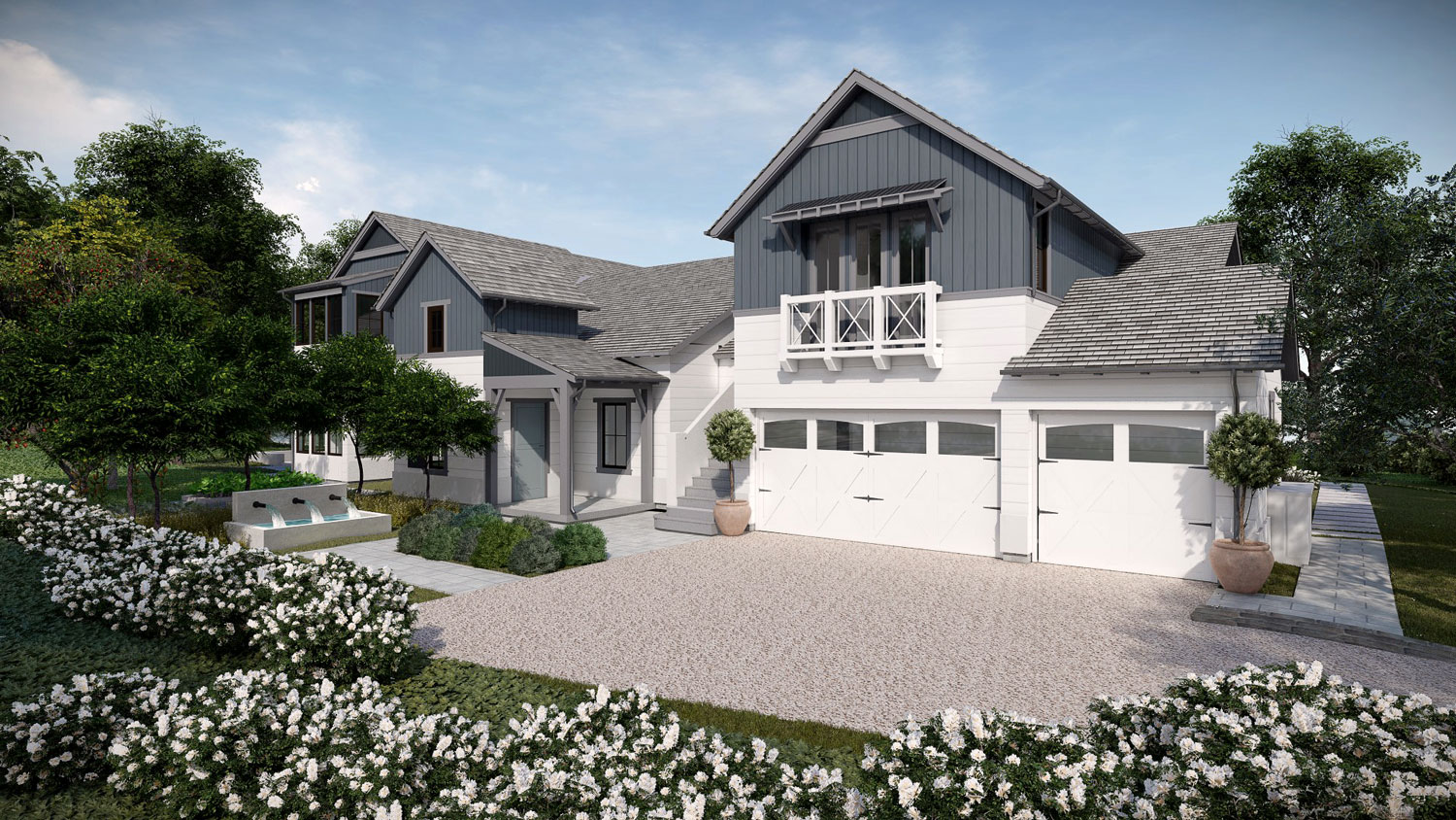 Front view rendering of home at Arrieta option 10 white exterior with white flowers