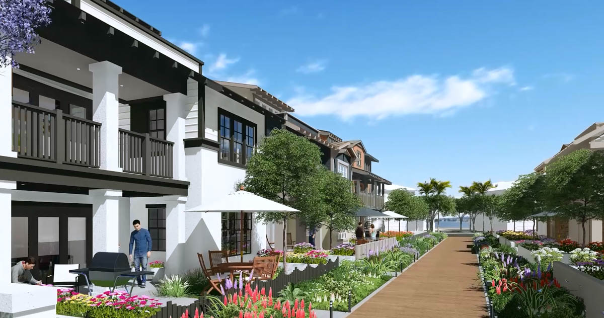 Front view renderings of white and gray homes in Bayside Cove