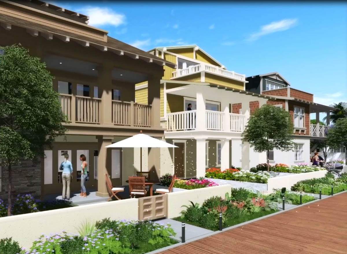 Side view renderings of yellow, taupe and brick homes in Bayside Cove