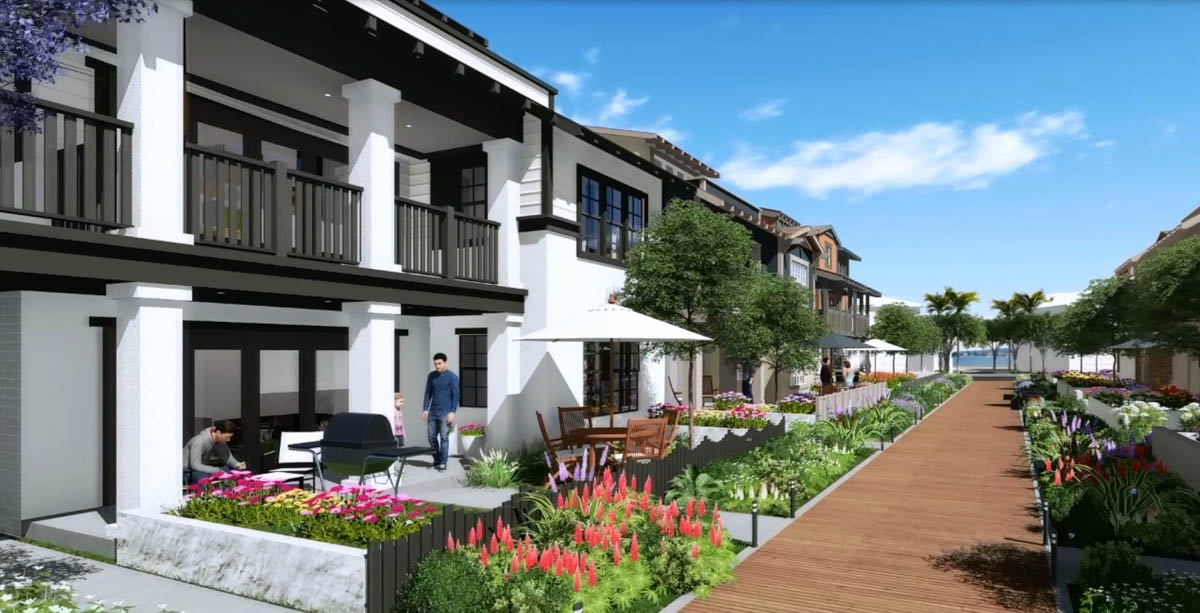 Side view renderings of white homes and wooden pathway in Bayside Cove