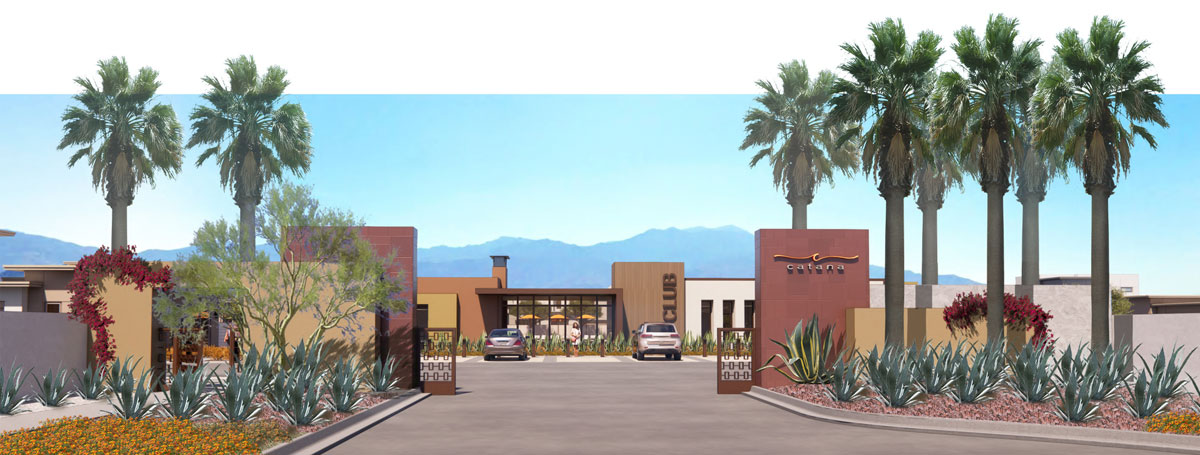 3D rendering of outside Catana with palm trees and gate