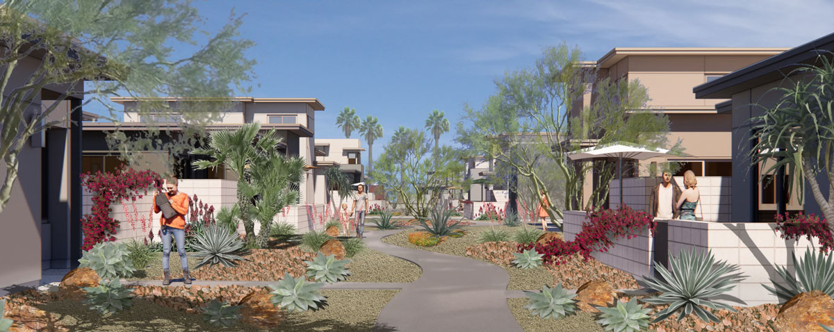 3D rendering of walkway and homes along Catana