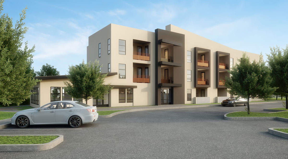 3D rendering of tan building in Catana with cars parked outside