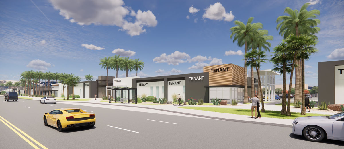 3D rendering of tenant building labeled tenant from the street in Catana