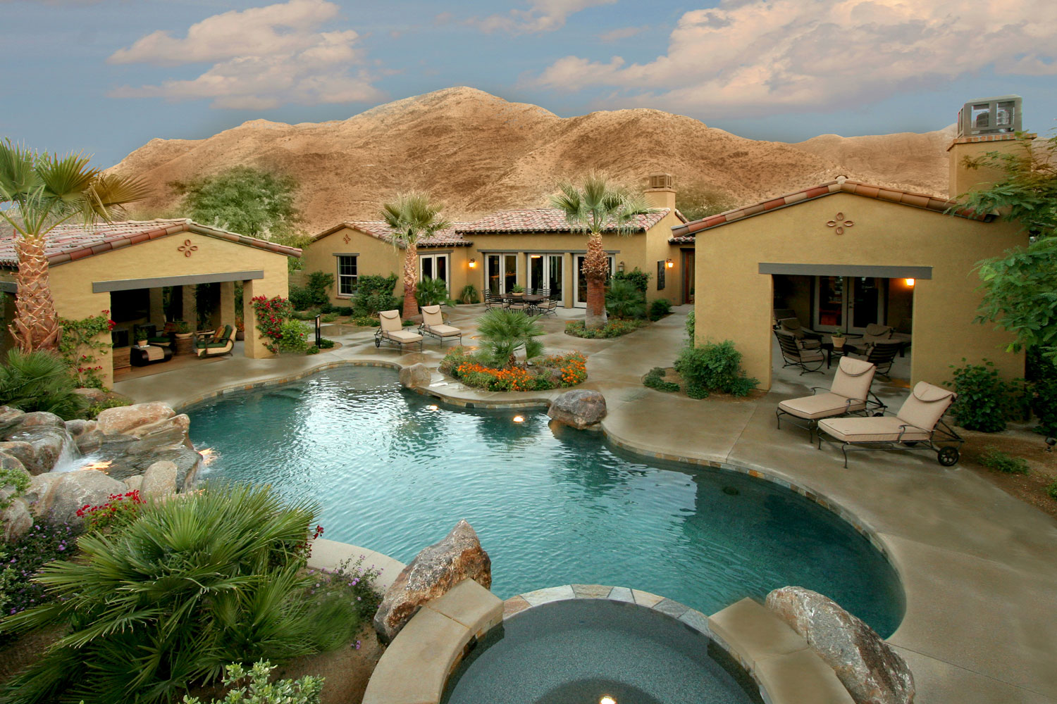 Luxury pool area of Monte Sereno in Palm Springs brightly lit in the daytime