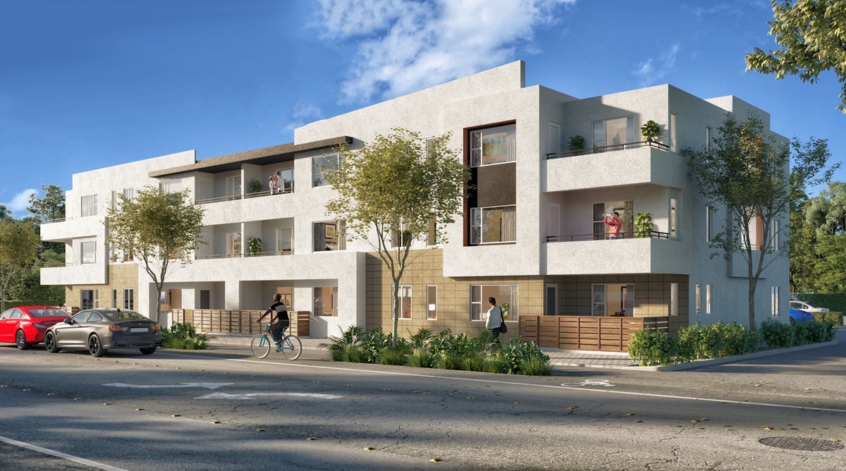 Front exterior view of Mosaic development with blue skies and trees