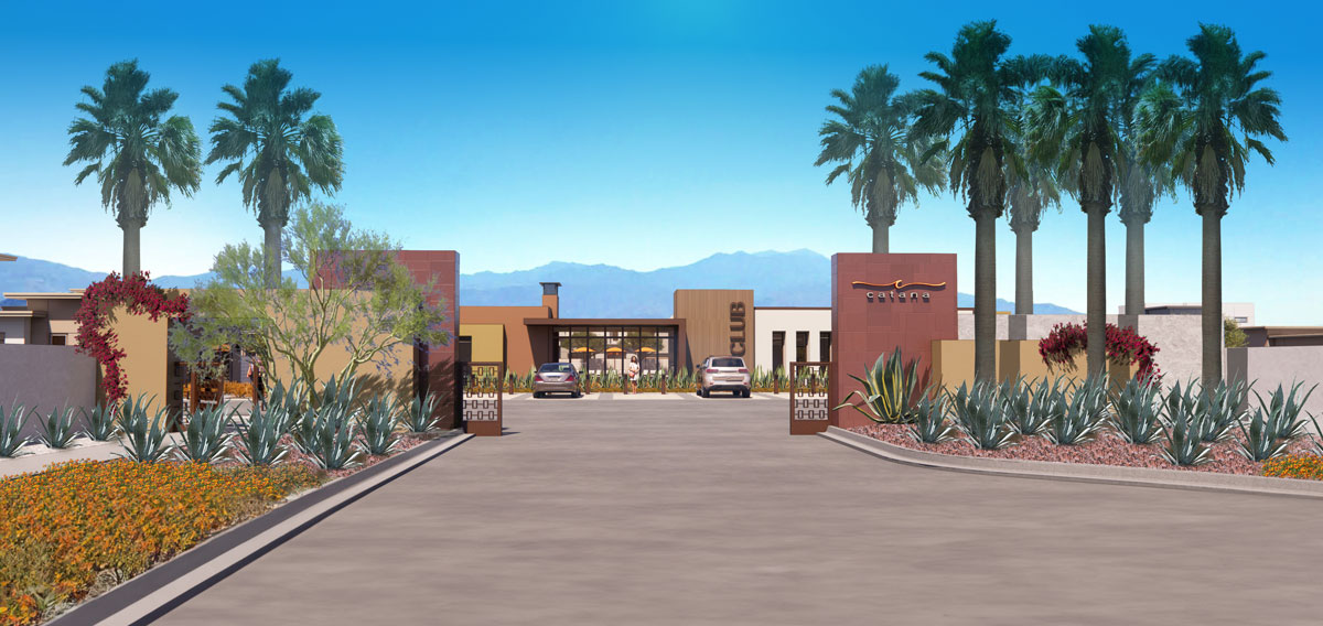 3D rendering of outside Catana with palm trees and gate with bright blue sky